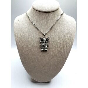 Monet Chain Necklace  With Crystal & Black Rhinestone Owl Pendant